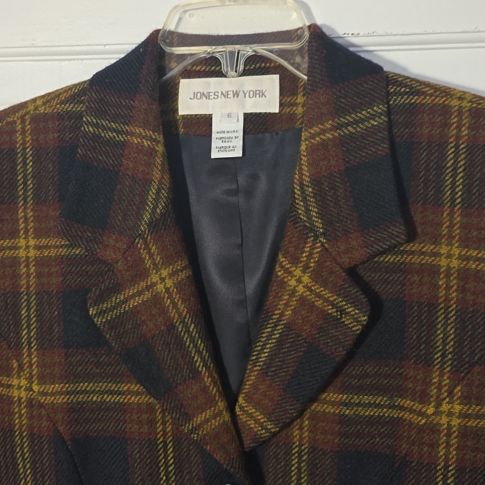 Jones New York Wool Blazer Size 6 Plaid Browns & Gold Lined
